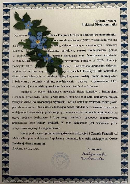 Diploma of the Chapter of the Order of the Blue Forget-Me-Not awarded to the Ad Meliora Tempora Foundation