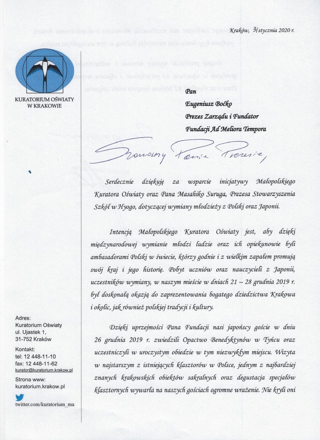 Letter of thanks from the Board of Education in Kraków to the Ad Meliora Tempora Foundation